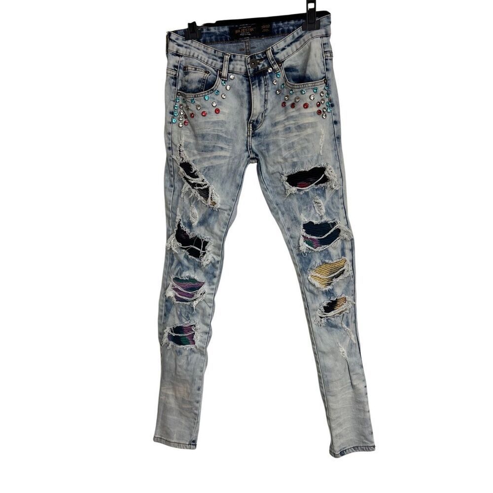 Majestik Jeans Mens Size 30/32 Light Wash Blue‎ Slim Straight Studded Distressed